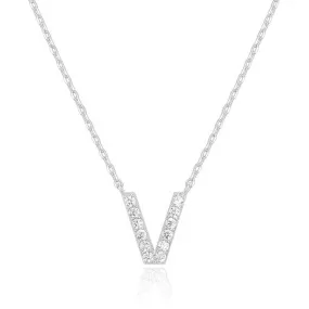 14k White Gold Created Diamond Initial V Letter Pendant Necklace Plated