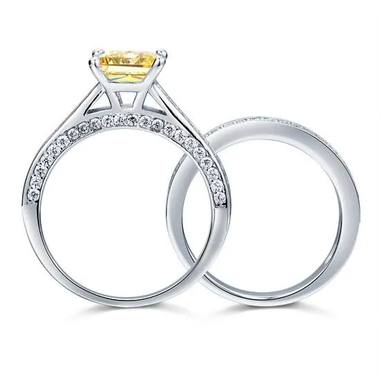 925 Sterling Silver 2-Pcs Wedding Ring Set 1.5 Ct Princess Cut Yellow Canary Simulated Diamond