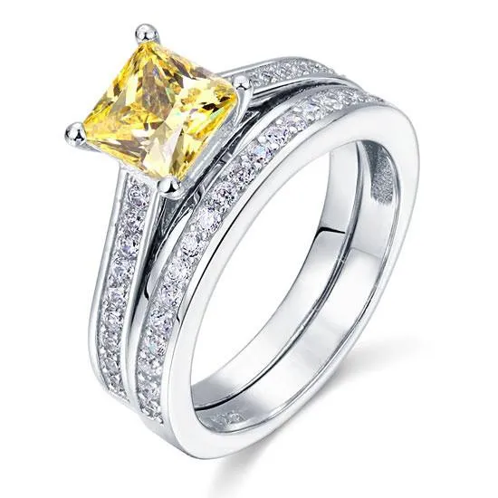 925 Sterling Silver 2-Pcs Wedding Ring Set 1.5 Ct Princess Cut Yellow Canary Simulated Diamond