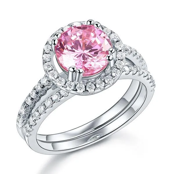 925 Sterling Silver Wedding Engagement Halo Ring Set 2 Carat Pink Simulated Diamond Wedding Jewelry