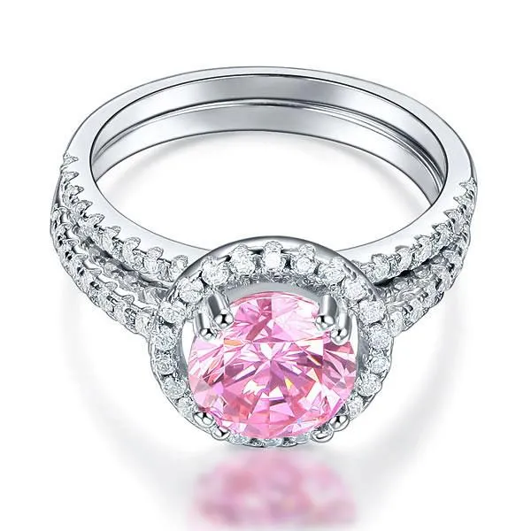 925 Sterling Silver Wedding Engagement Halo Ring Set 2 Carat Pink Simulated Diamond Wedding Jewelry