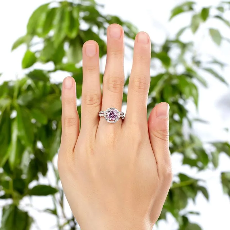 925 Sterling Silver Wedding Engagement Halo Ring Set 2 Carat Pink Simulated Diamond Wedding Jewelry