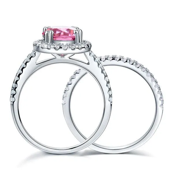 925 Sterling Silver Wedding Engagement Halo Ring Set 2 Carat Pink Simulated Diamond Wedding Jewelry