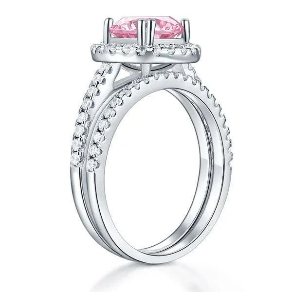 925 Sterling Silver Wedding Engagement Halo Ring Set 2 Carat Pink Simulated Diamond Wedding Jewelry