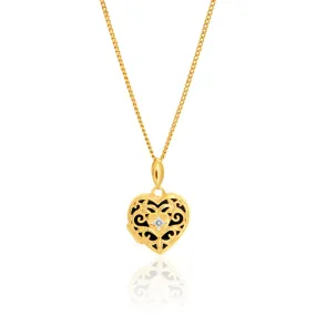 9ct Yellow Gold Silver Filled Diamond Set Heart Shaped Filigree Locket