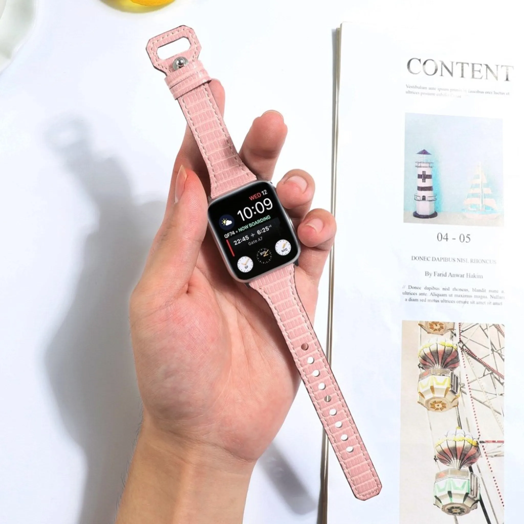 Apple Watch 44mm bamboo textured genuine leather watch strap - Pink