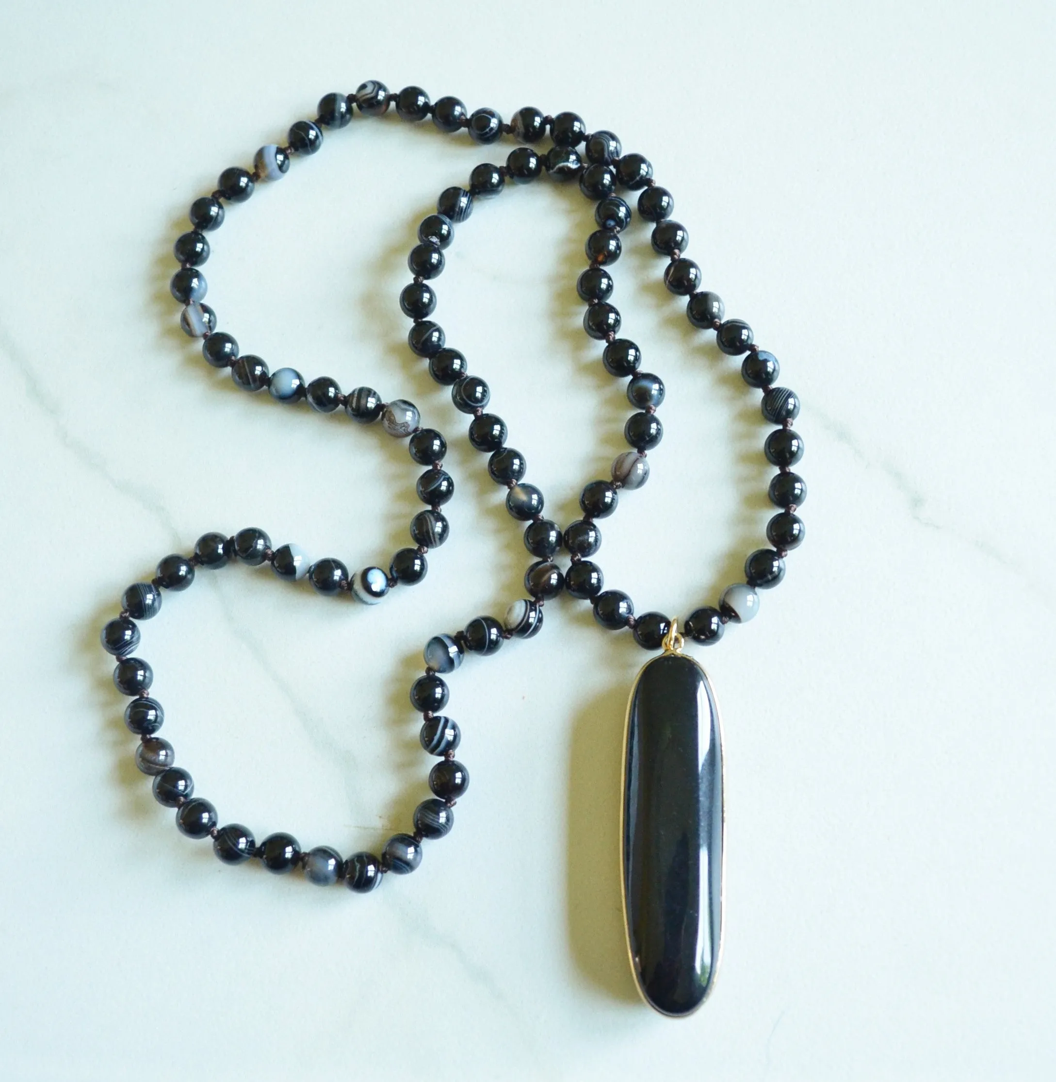 Black Agate Bead Knotted Pendant Long Statement Necklace - Freya