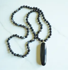 Black Agate Bead Knotted Pendant Long Statement Necklace - Freya