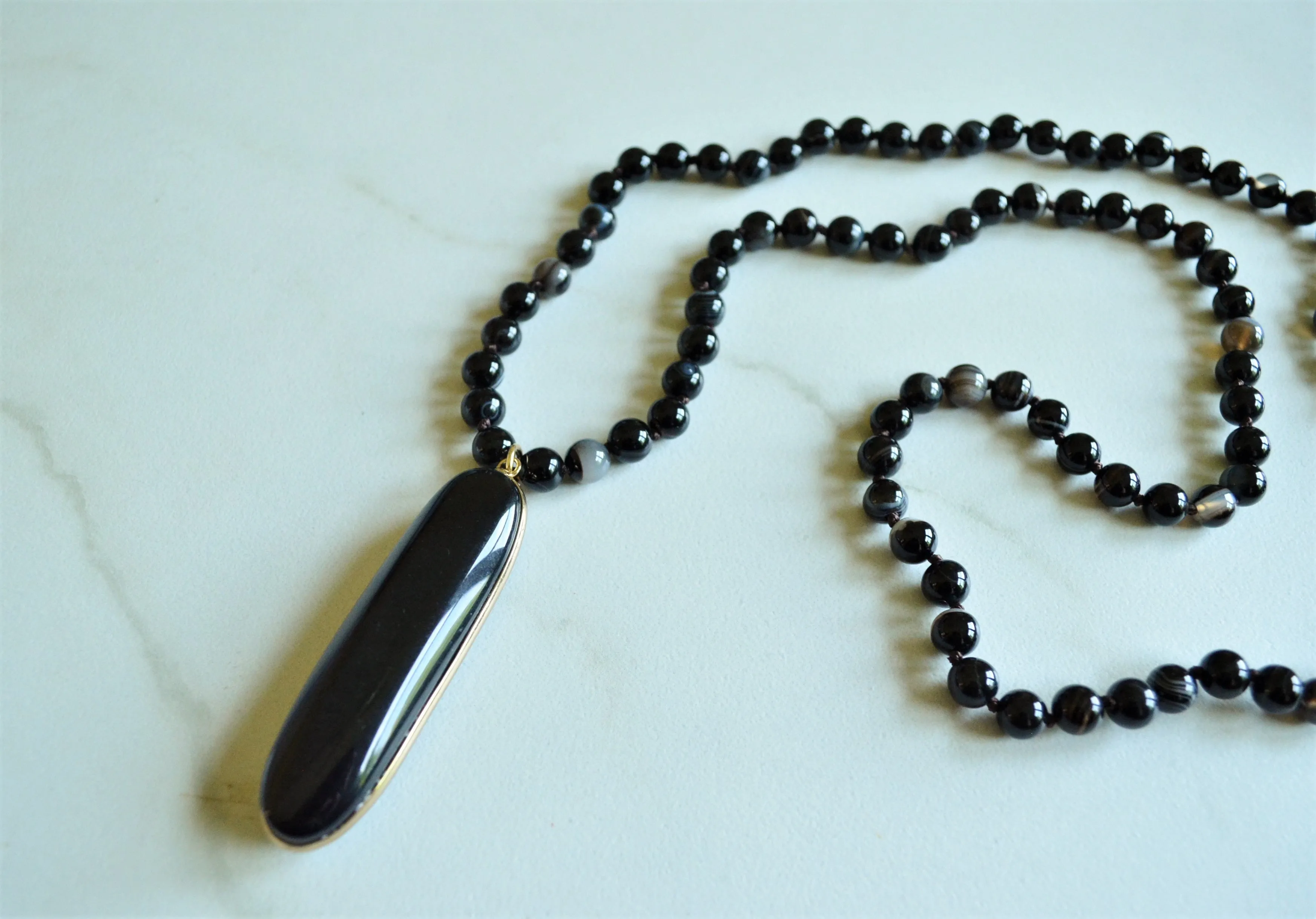 Black Agate Bead Knotted Pendant Long Statement Necklace - Freya