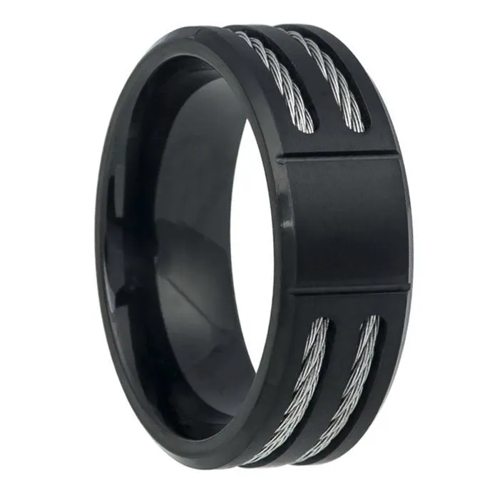 Brushed Black Titanium Ring with Double Cable Inlay