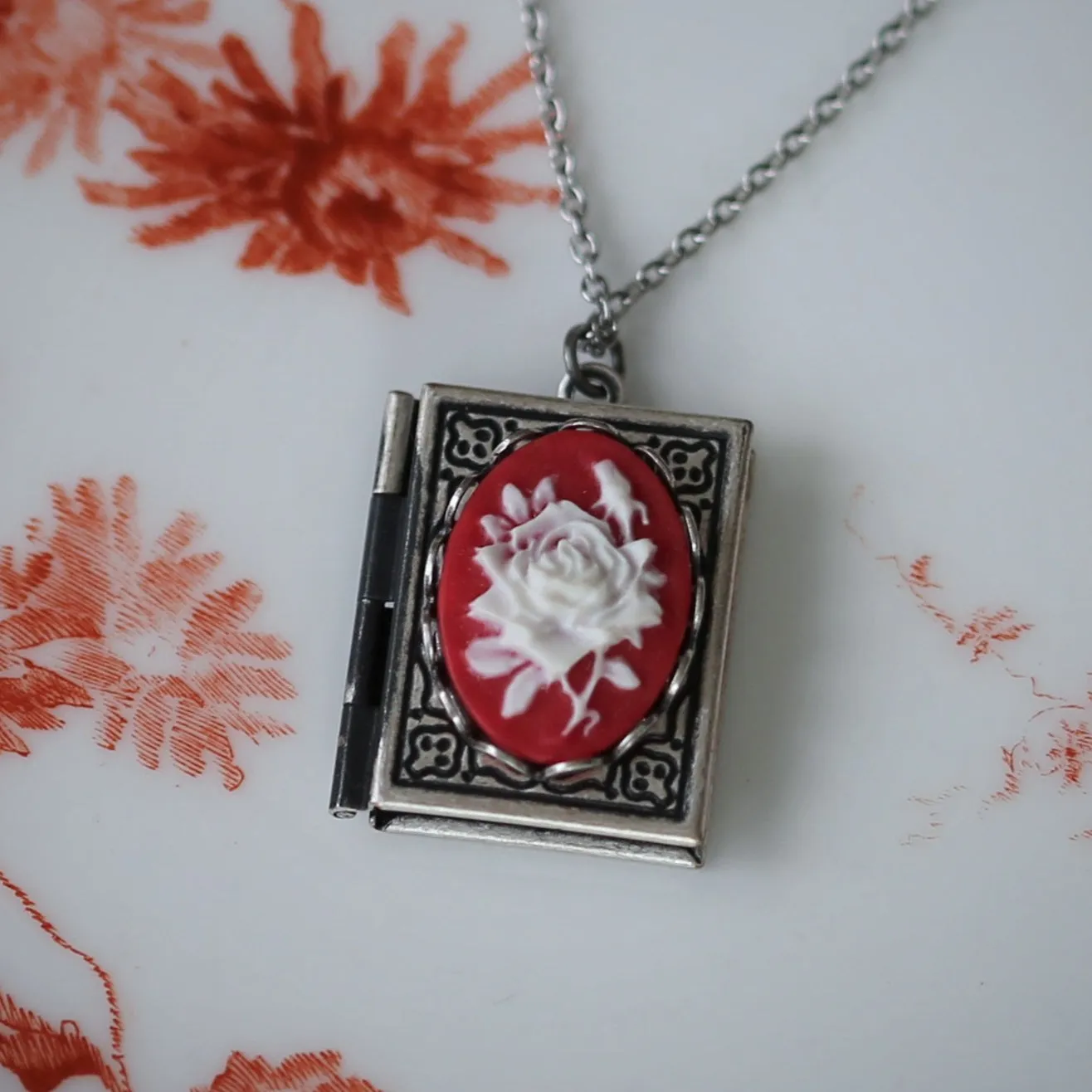 Cameo Rose Book Locket in Antique Silver - Choose Pink Blue Green Red or Black