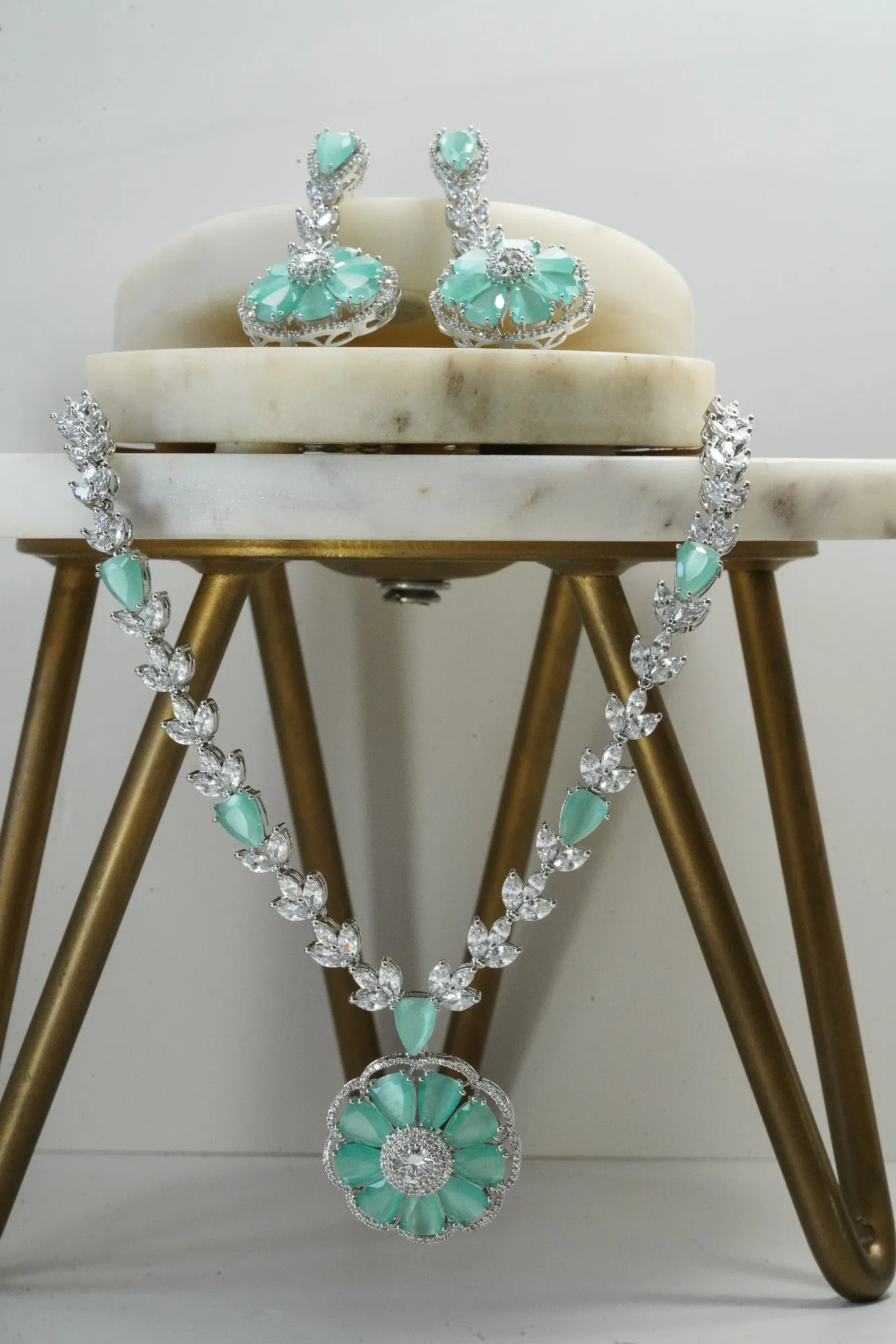 Chahat - Rhodium Plated Floral AD Necklace Set