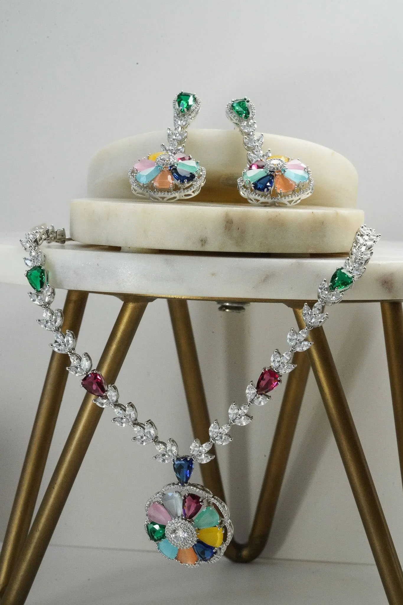 Chahat - Rhodium Plated Floral AD Necklace Set
