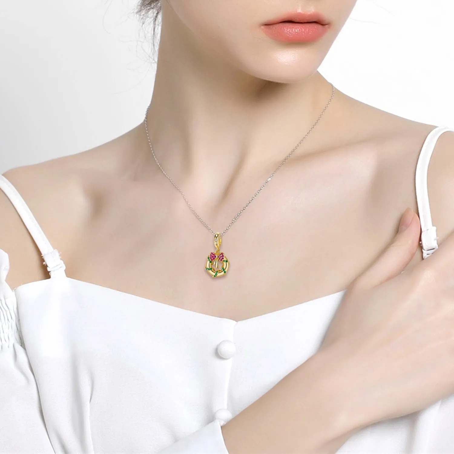 Christmas Bow Circle Zircon Silver Pendant