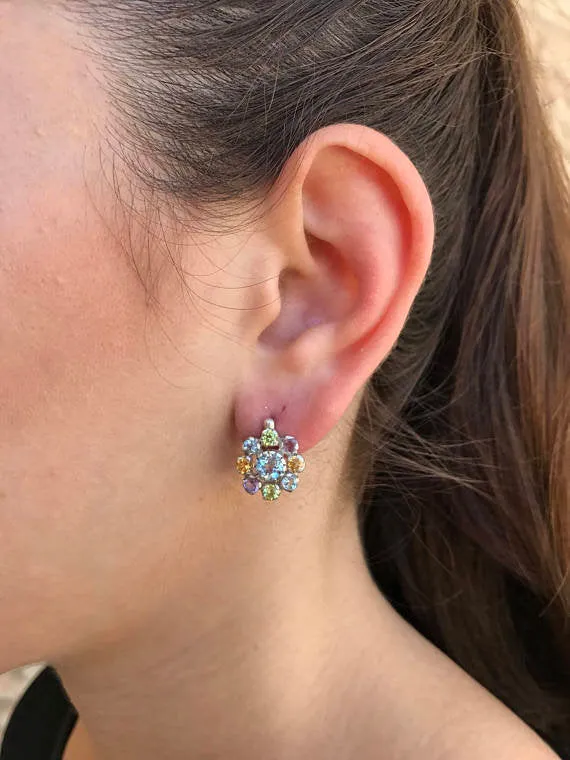 Colorful Flower Earrings - Blue Topaz Earrings - Multistone Vintage Studs