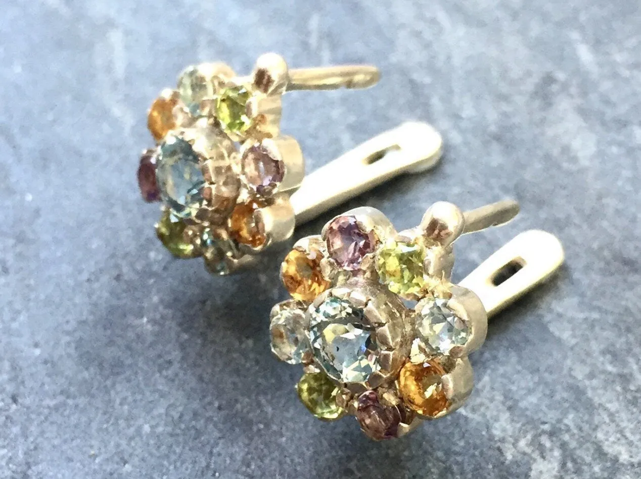 Colorful Flower Earrings - Blue Topaz Earrings - Multistone Vintage Studs