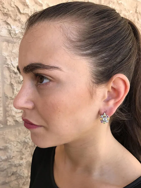 Colorful Flower Earrings - Blue Topaz Earrings - Multistone Vintage Studs