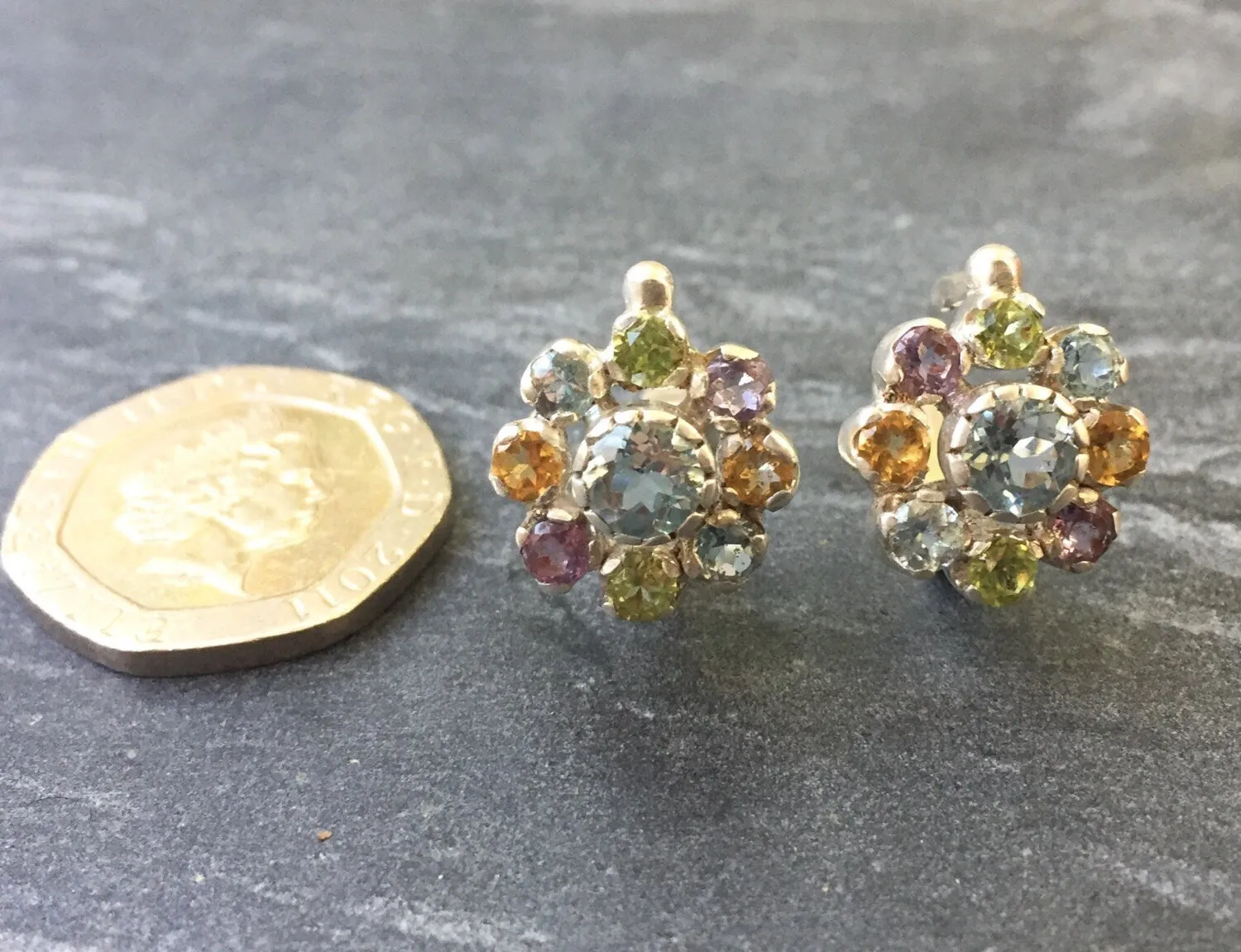 Colorful Flower Earrings - Blue Topaz Earrings - Multistone Vintage Studs