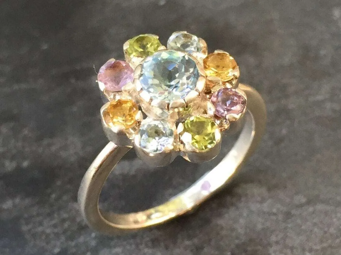 Colorful Flower Ring - Blue Topaz Ring - Multistone Cocktail Ring