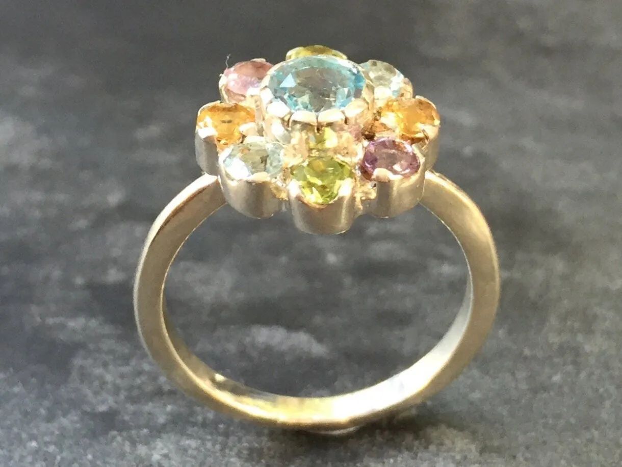 Colorful Flower Ring - Blue Topaz Ring - Multistone Cocktail Ring