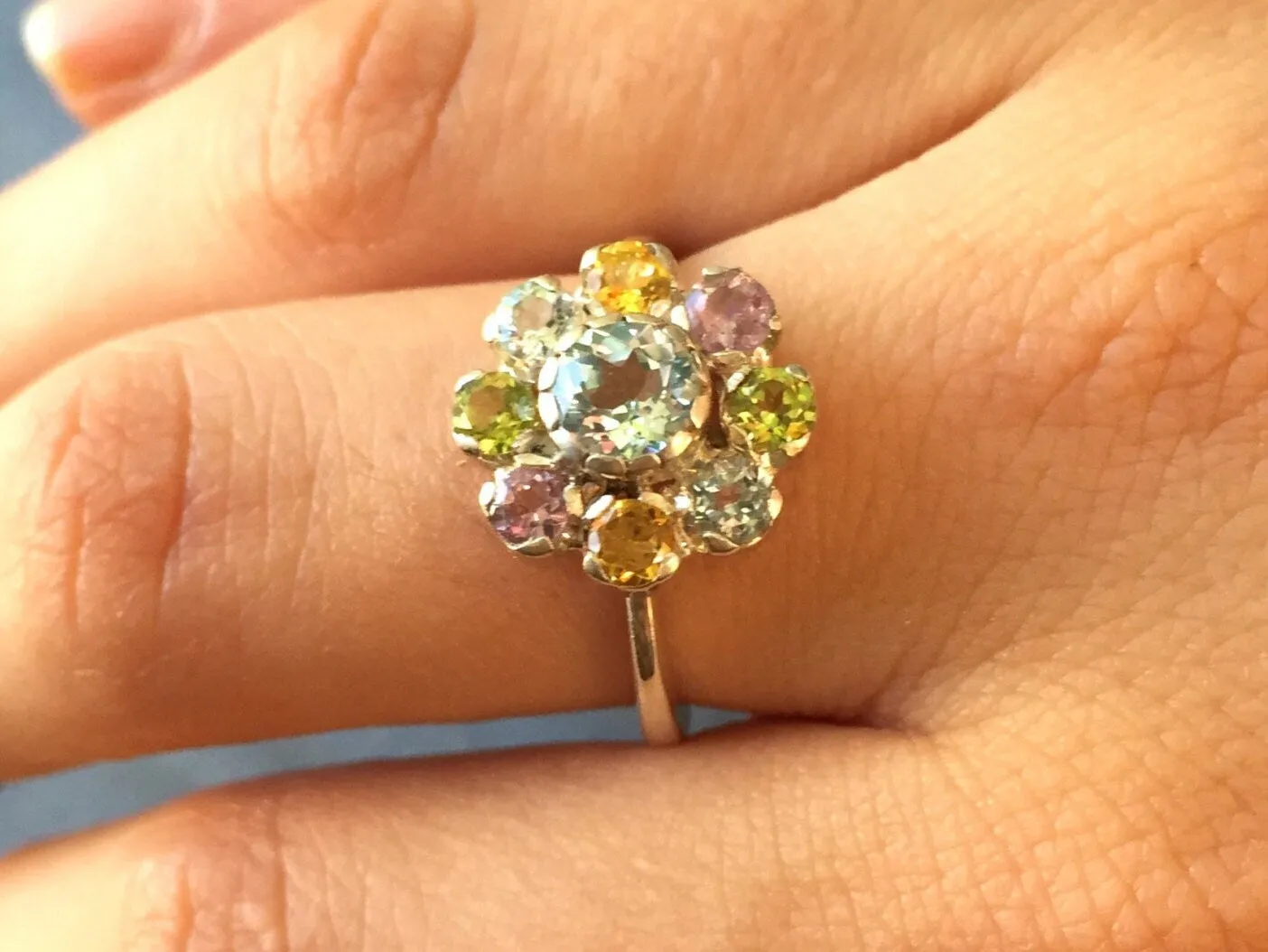 Colorful Flower Ring - Blue Topaz Ring - Multistone Cocktail Ring