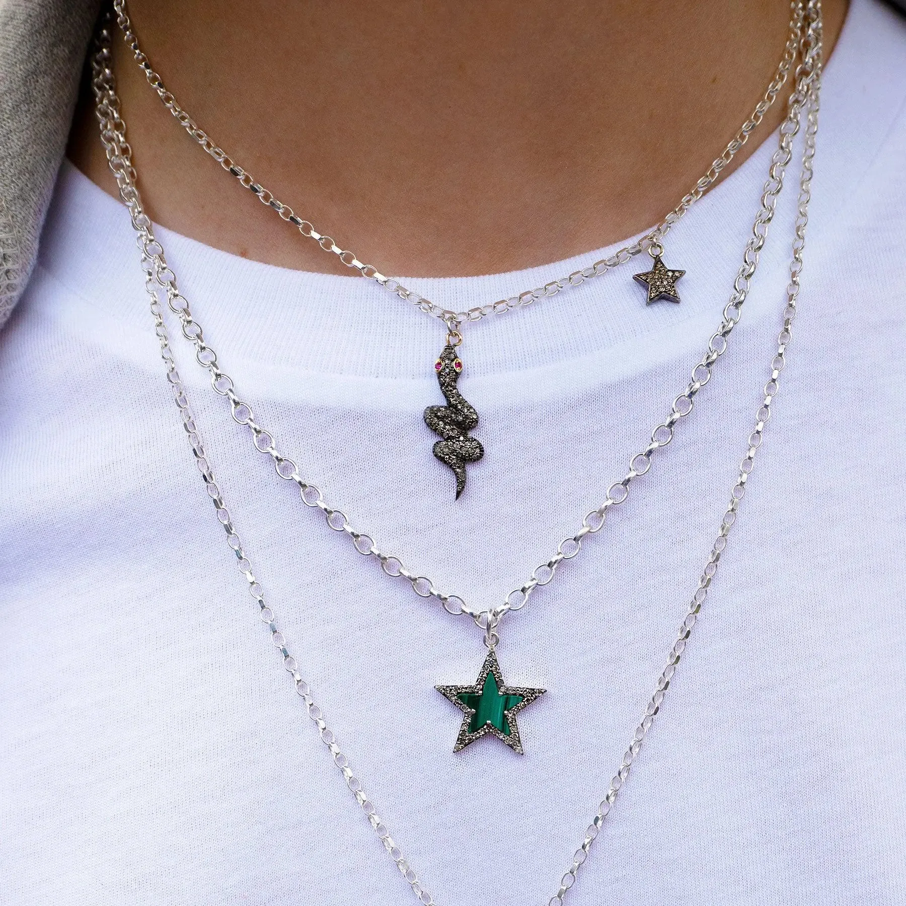 Diamond & Silver Snake & Double-Sided Star Necklace