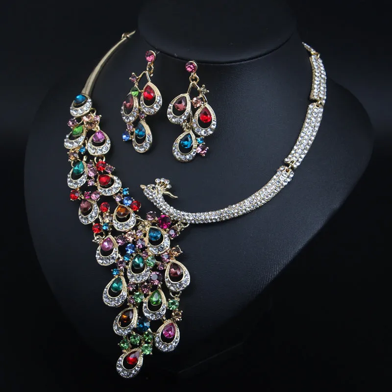European and American exaggerated ruby peacock necklace earrings set bride wedding female accessories