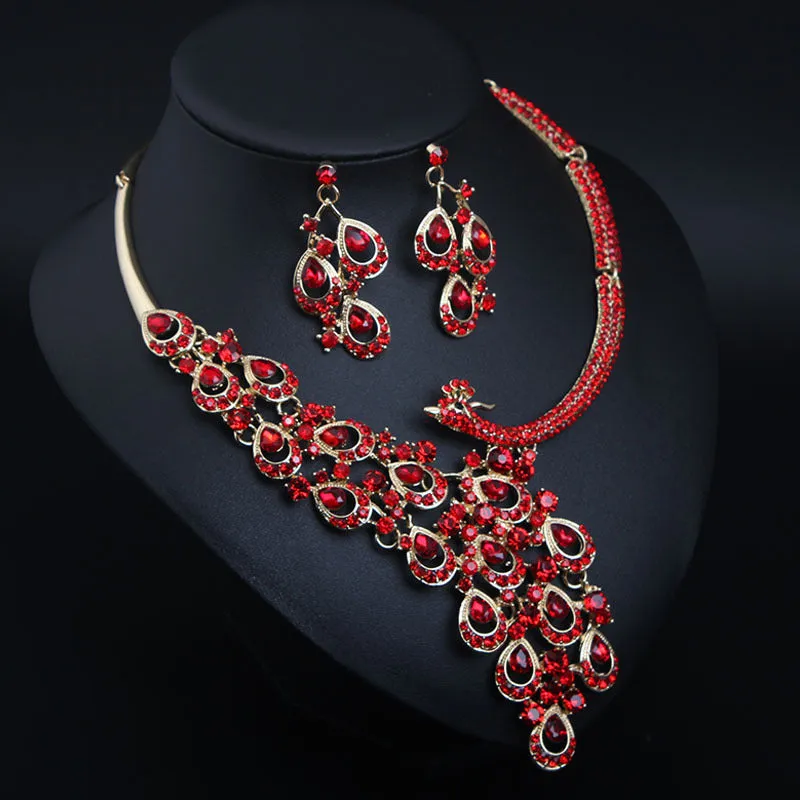 European and American exaggerated ruby peacock necklace earrings set bride wedding female accessories