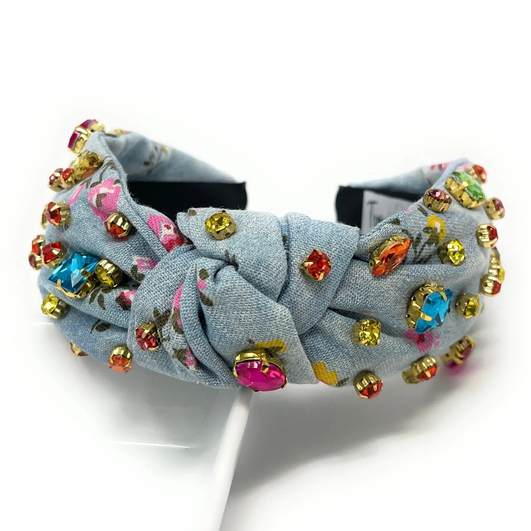Floral Denim Knot Jeweled Headband