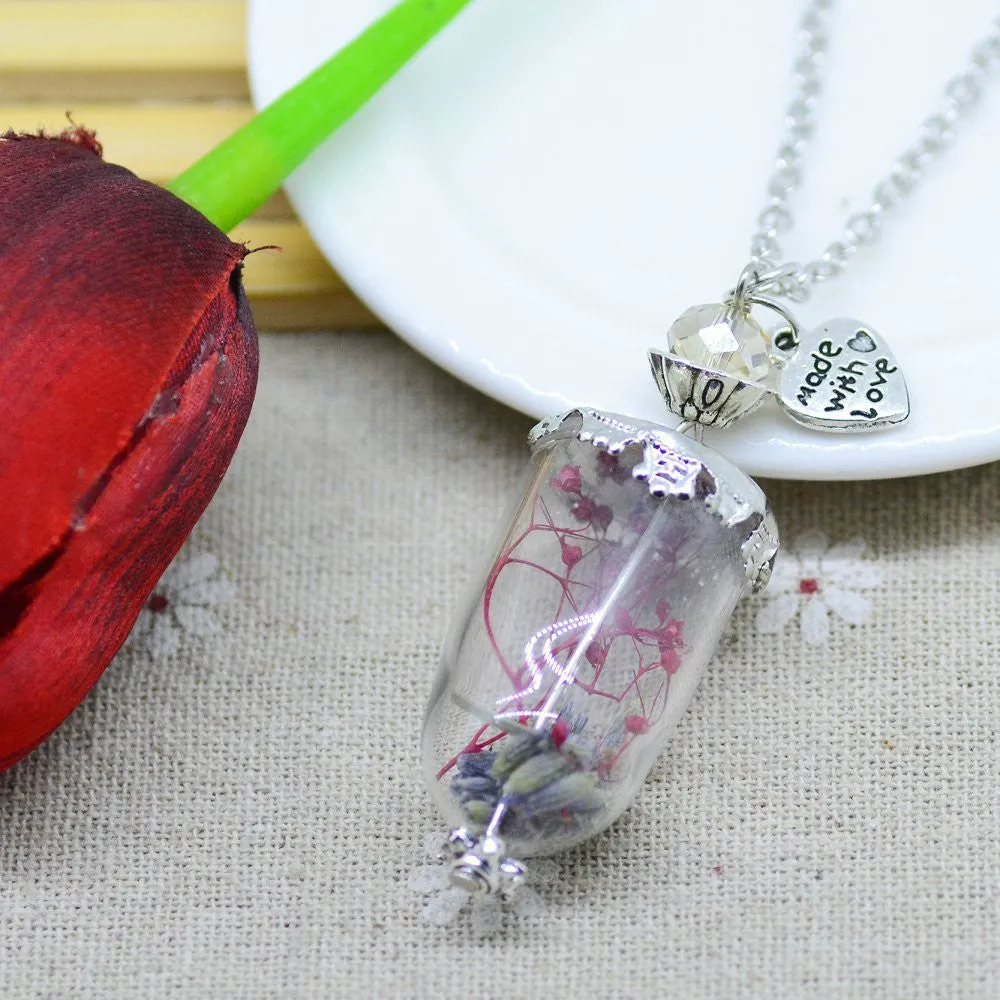 Glass Dry flower necklace real flower Bottle necklace Pendant necklace silver plated chain Necklace for women jewerly fashion