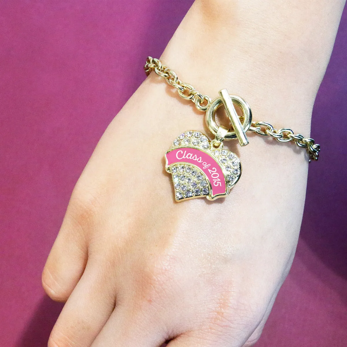 Gold Class of 2015 - Pink Pave Heart Charm Toggle Bracelet