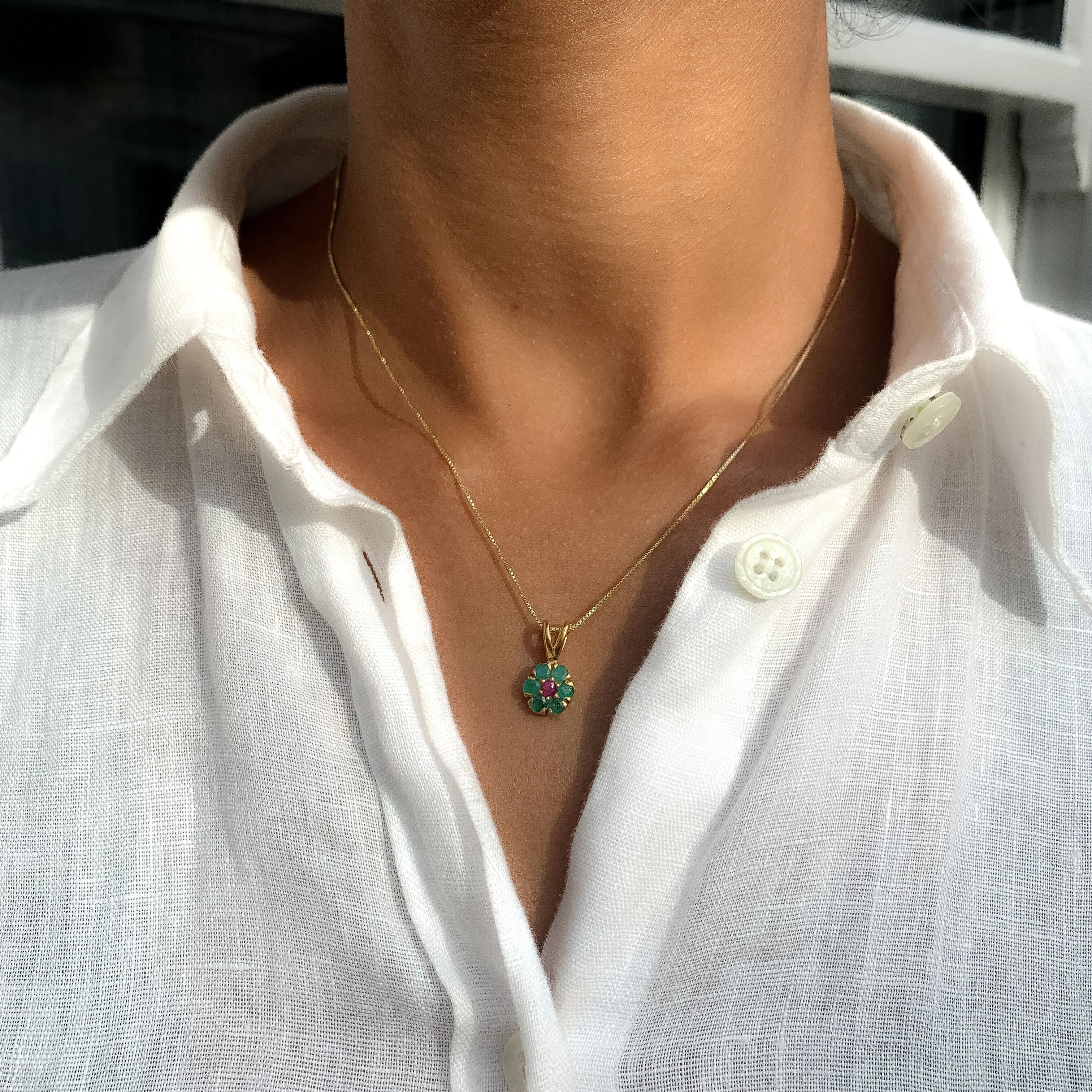 Gold Emerald Flower Pendant - Natural Emerald Necklace, May Birthstone Necklace