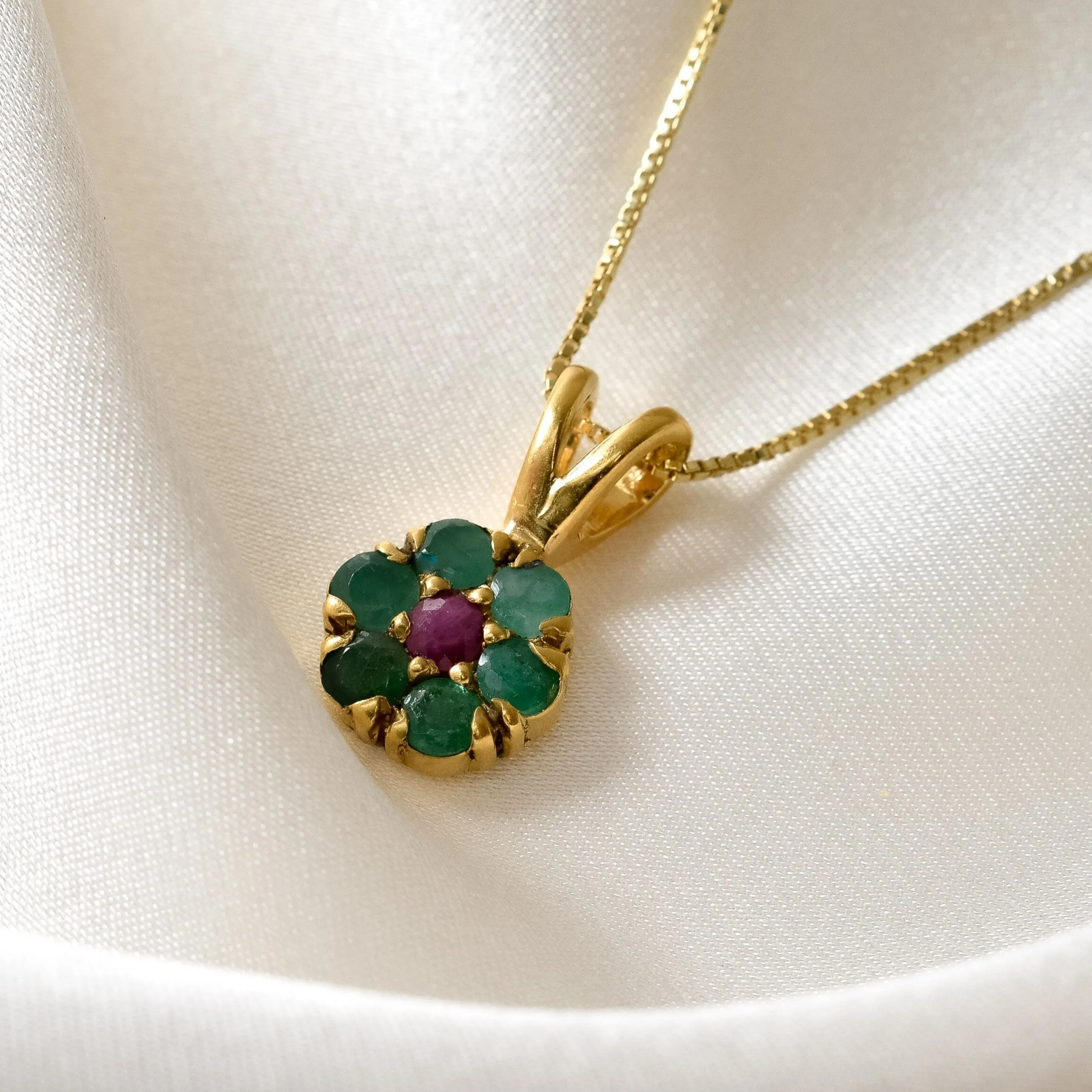 Gold Emerald Flower Pendant - Natural Emerald Necklace, May Birthstone Necklace