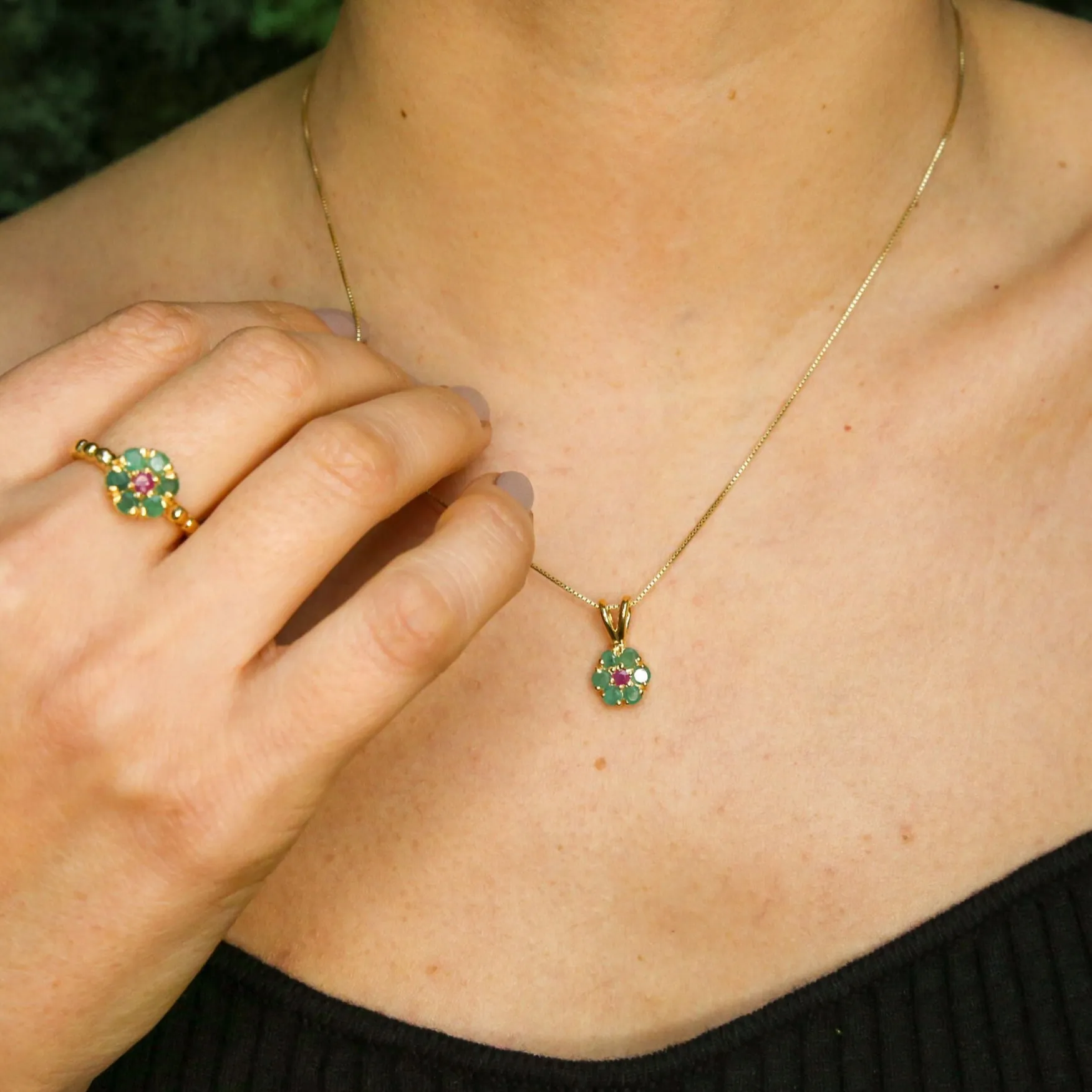 Gold Emerald Flower Pendant - Natural Emerald Necklace, May Birthstone Necklace