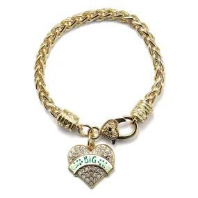 Gold Green and White Big Pave Heart Charm Braided Bracelet