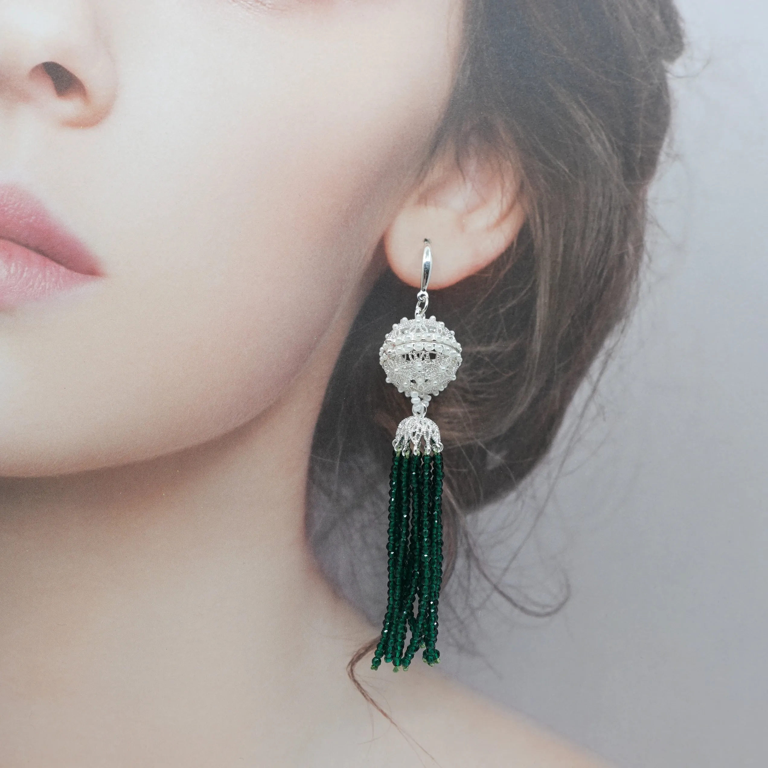 Herbal Locket Crystal Tassel Earrings - Emerald Zirconia