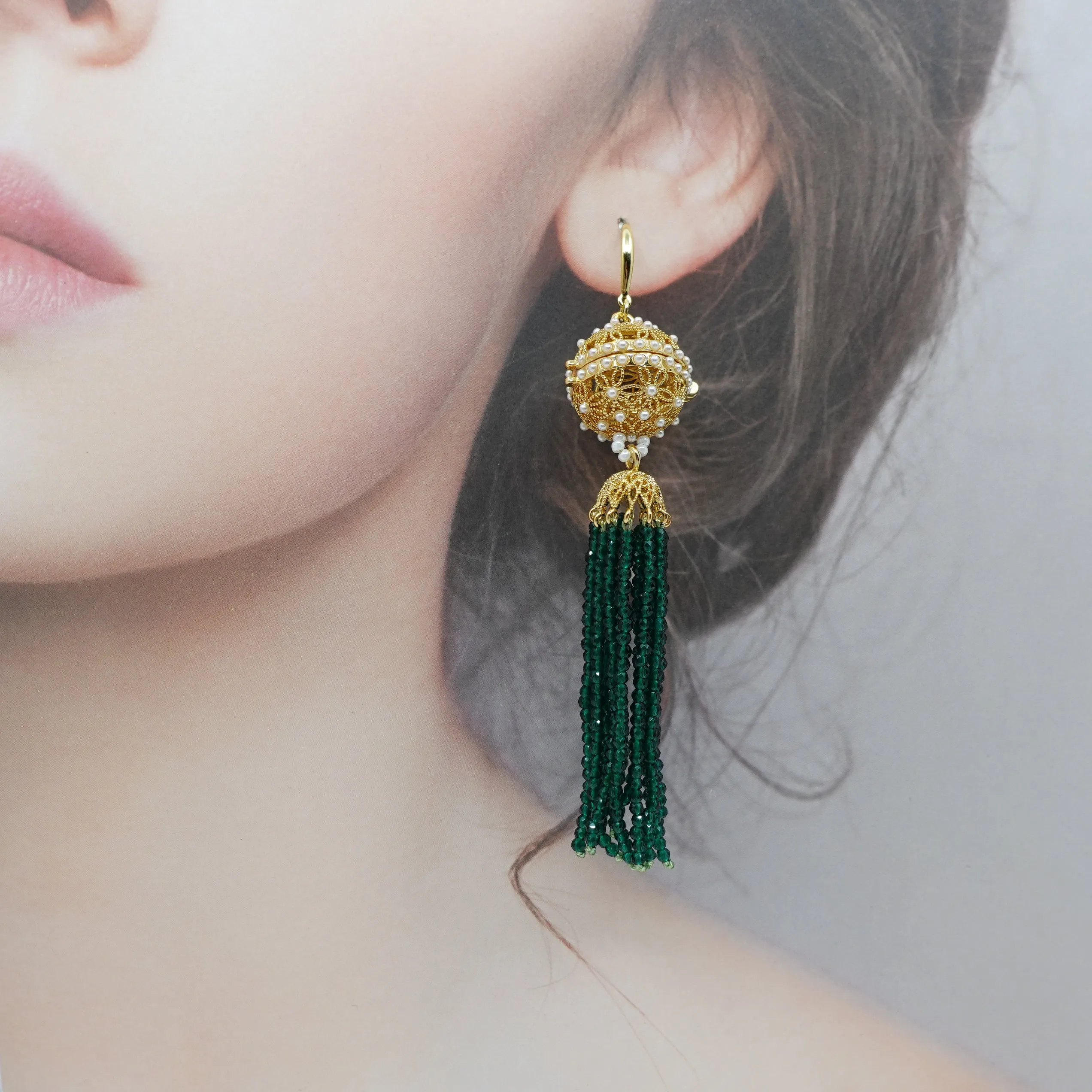 Herbal Locket Crystal Tassel Earrings - Emerald Zirconia