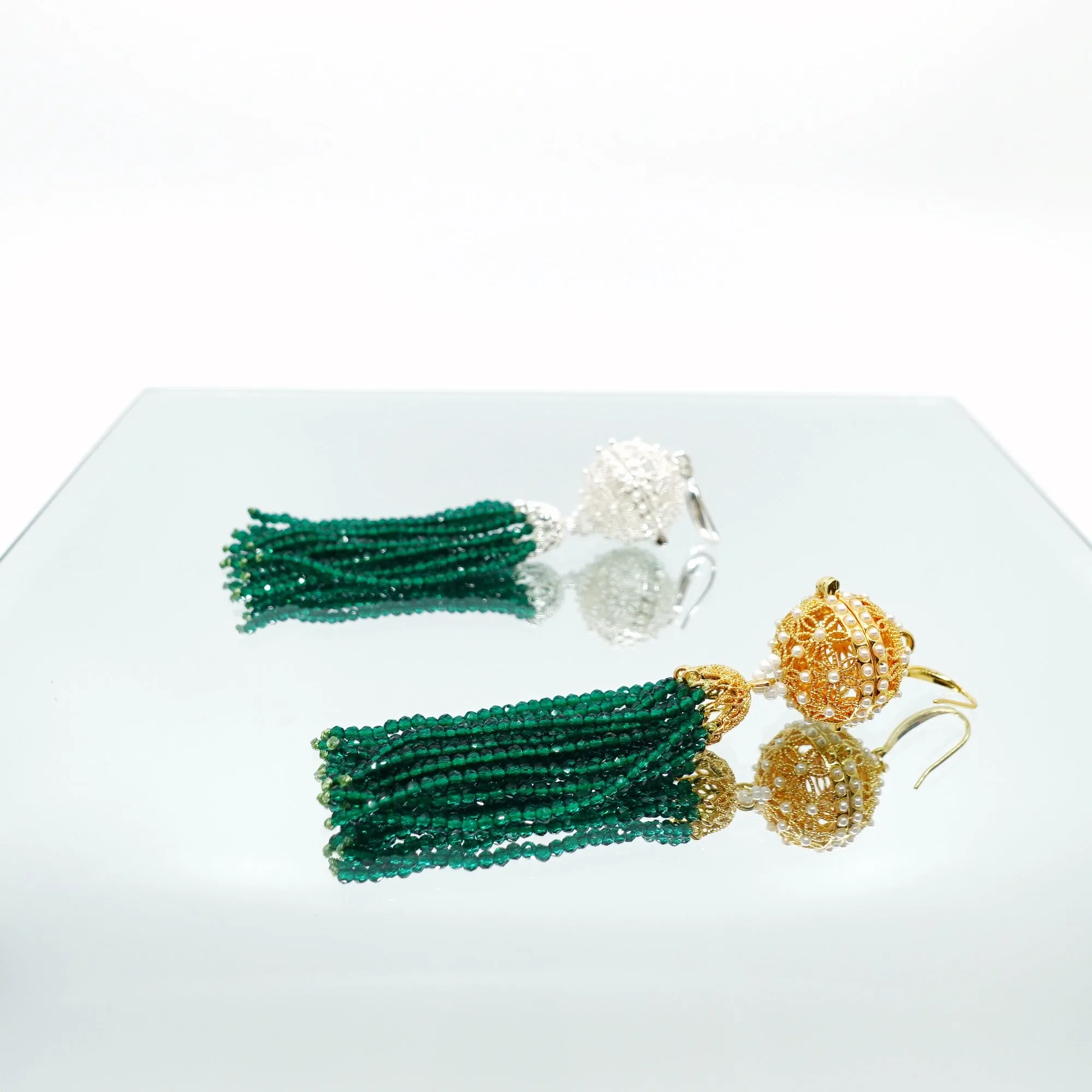 Herbal Locket Crystal Tassel Earrings - Emerald Zirconia