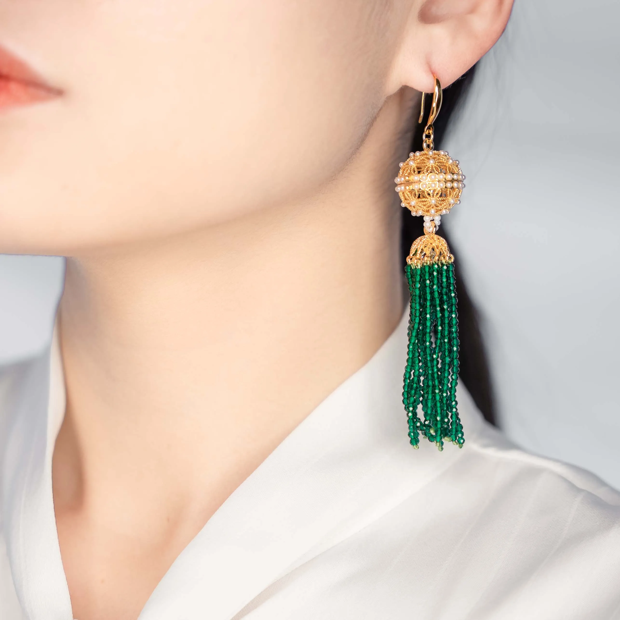 Herbal Locket Crystal Tassel Earrings - Emerald Zirconia