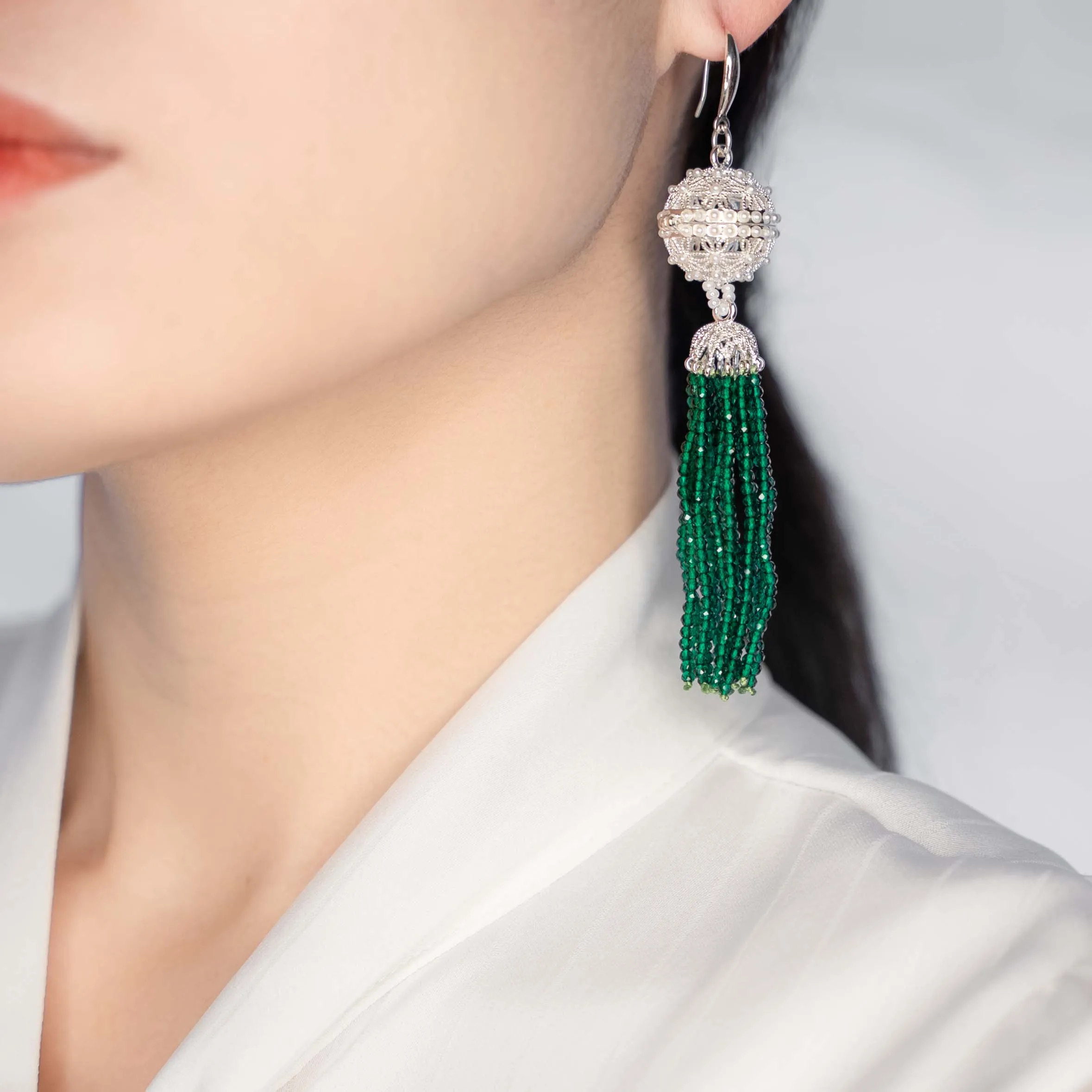 Herbal Locket Crystal Tassel Earrings - Emerald Zirconia