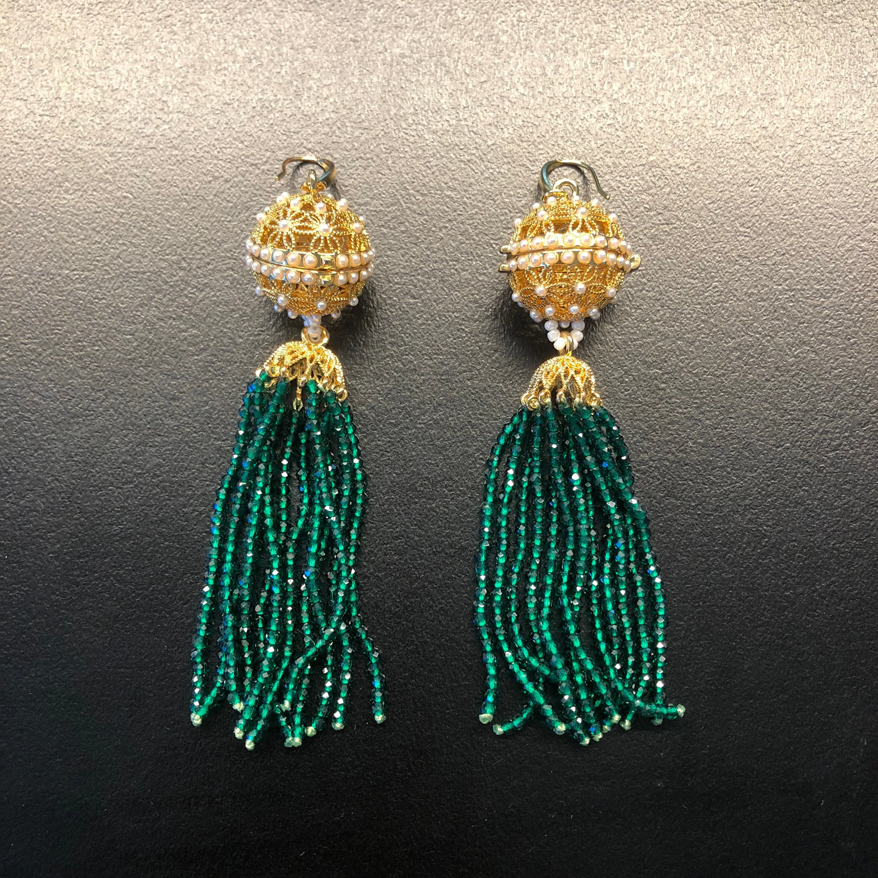 Herbal Locket Crystal Tassel Earrings - Emerald Zirconia
