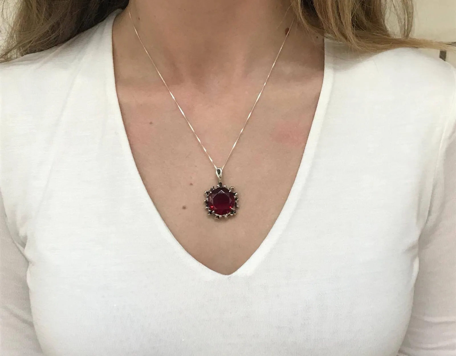 Large Ruby Necklace - Round Ruby Necklace - Vintage Ruby Pendant