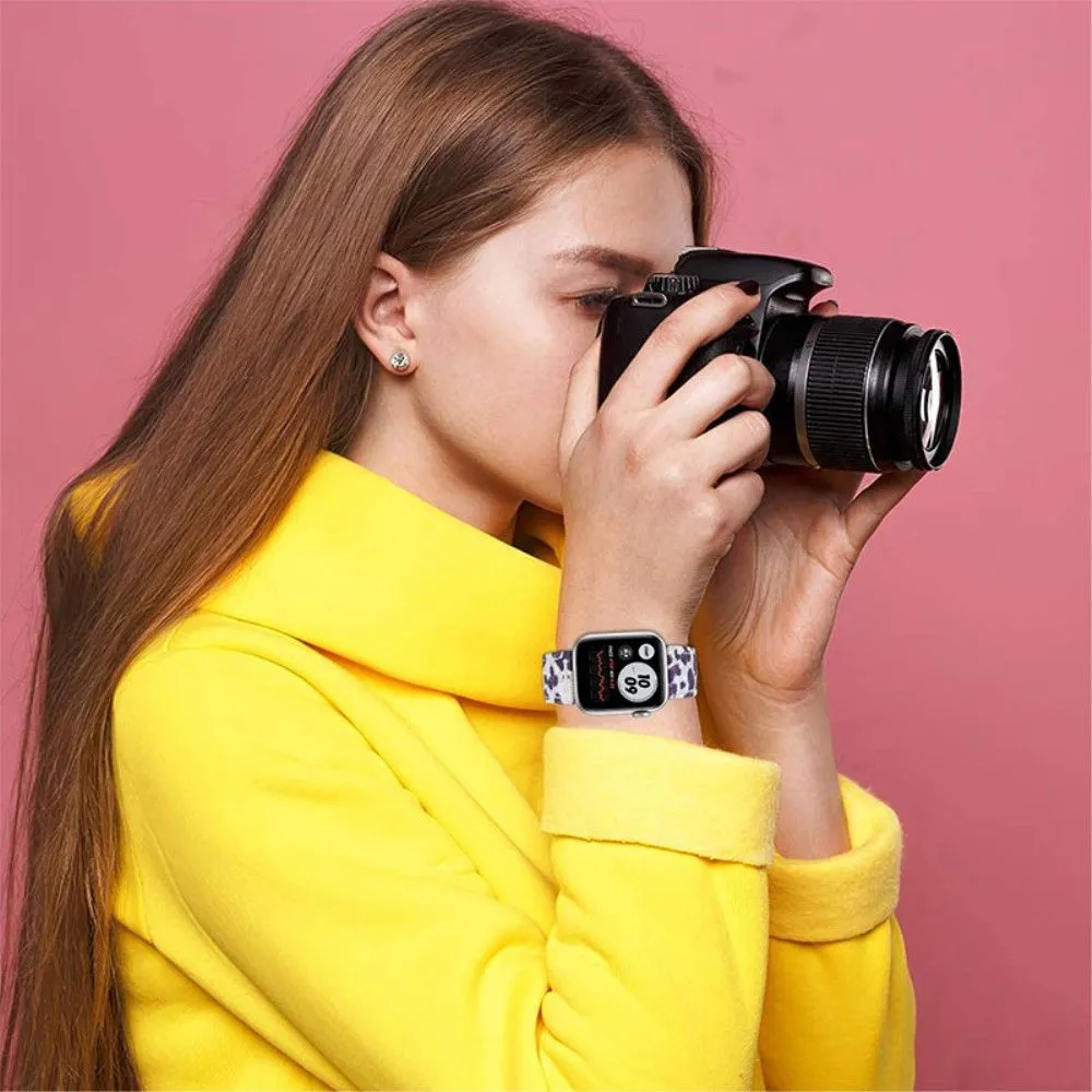 Leopard pattern cowhide genuine leather watch strap for Apple Watch (45mm) - Black Leopard