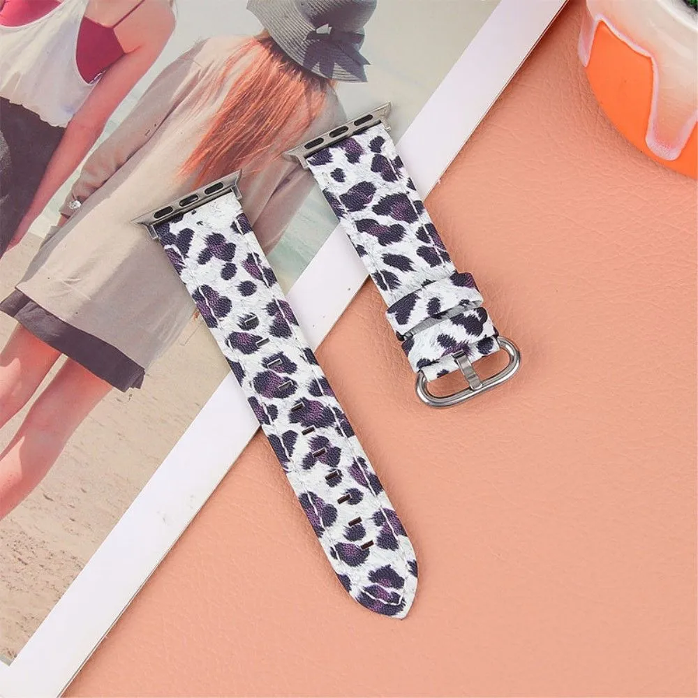 Leopard pattern cowhide genuine leather watch strap for Apple Watch (45mm) - Black Leopard