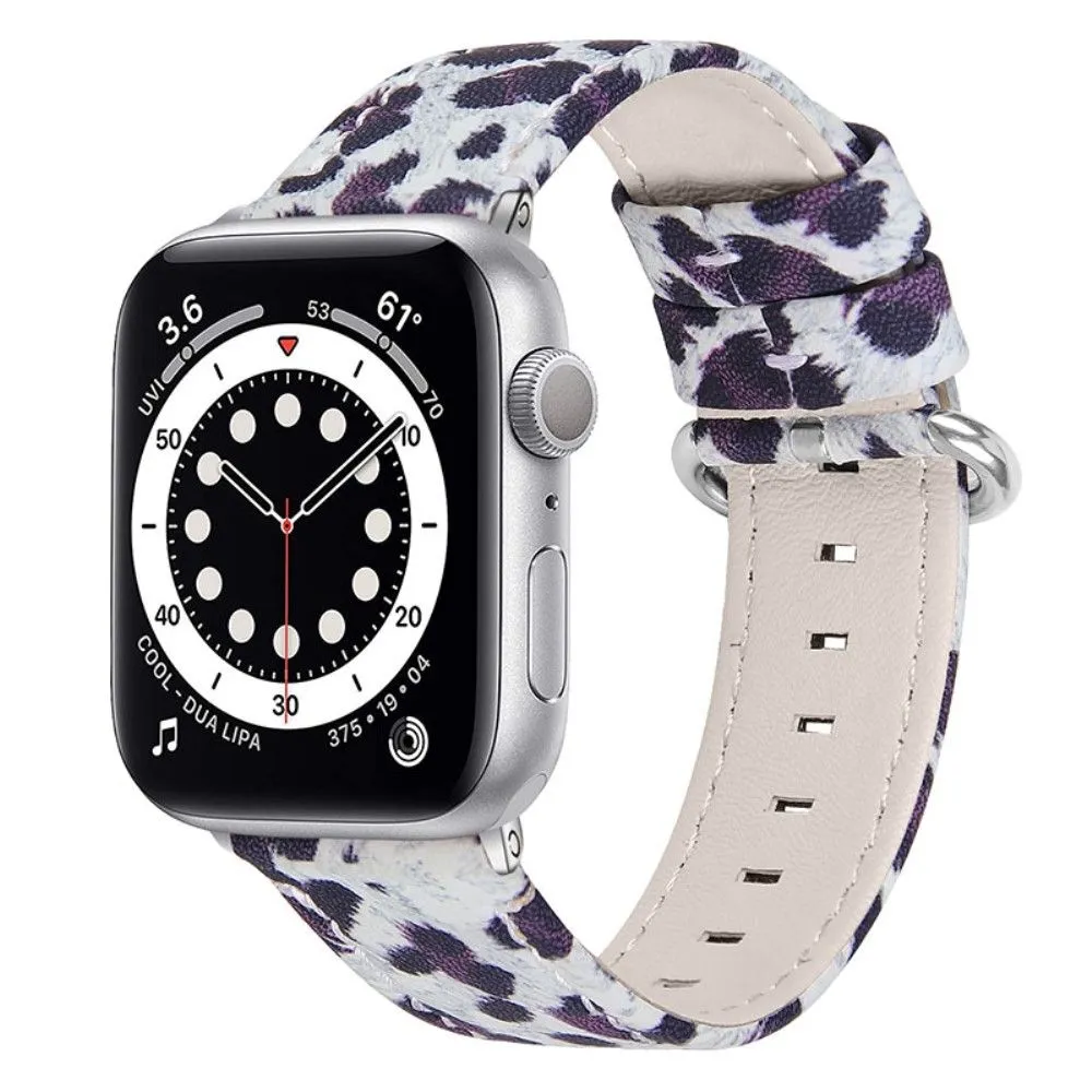 Leopard pattern cowhide genuine leather watch strap for Apple Watch (45mm) - Black Leopard
