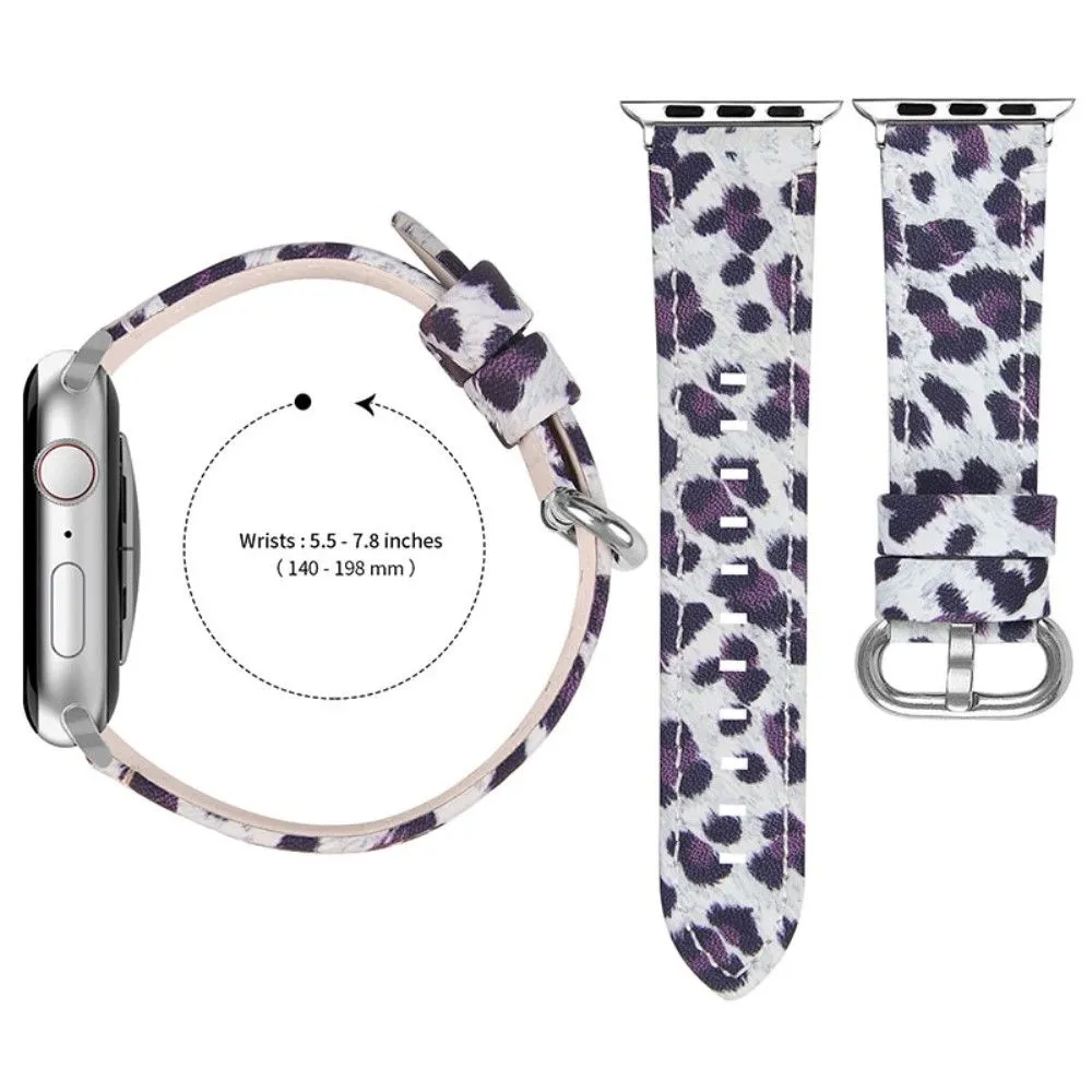 Leopard pattern cowhide genuine leather watch strap for Apple Watch (45mm) - Black Leopard