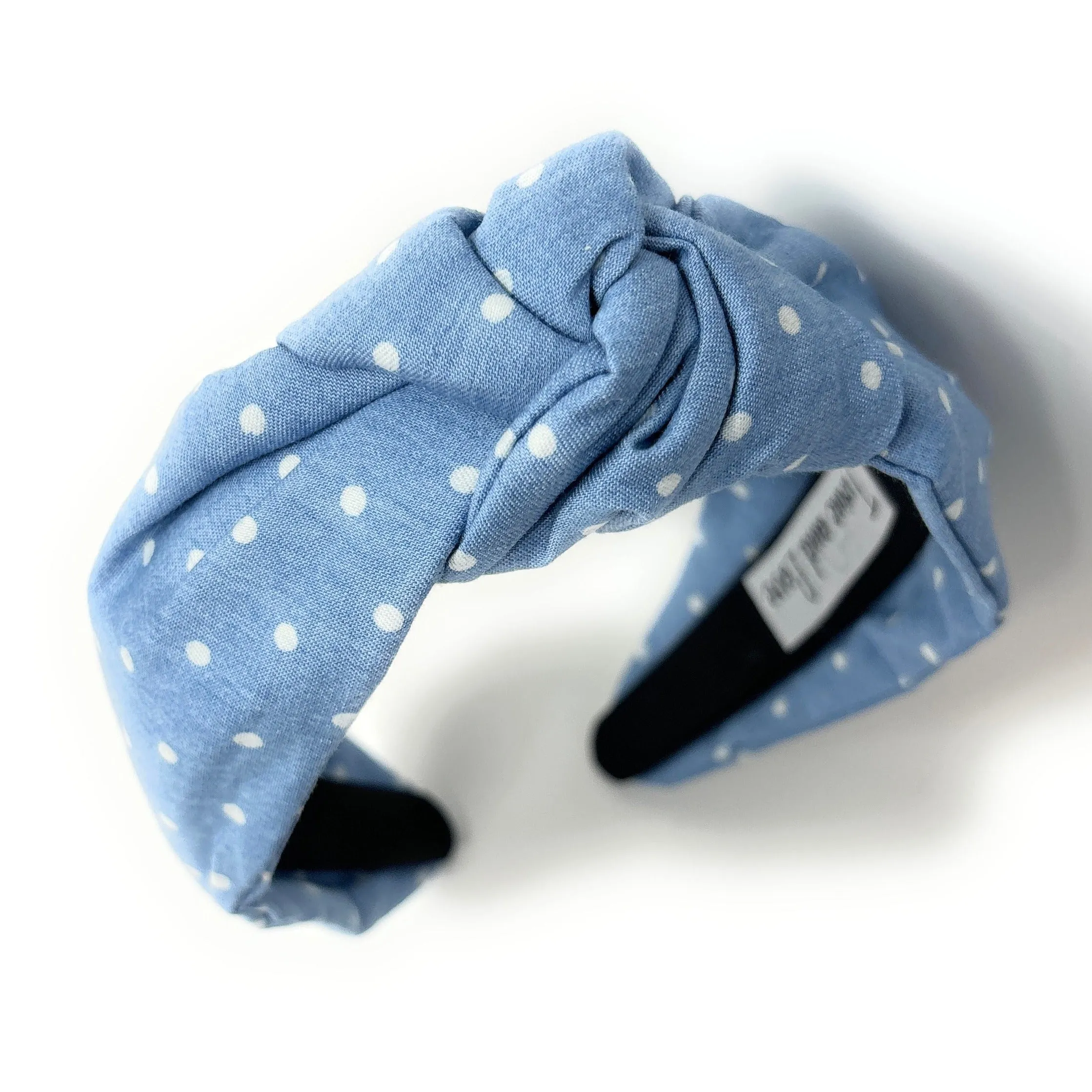 Light Blue Polka Denim Knot Headband