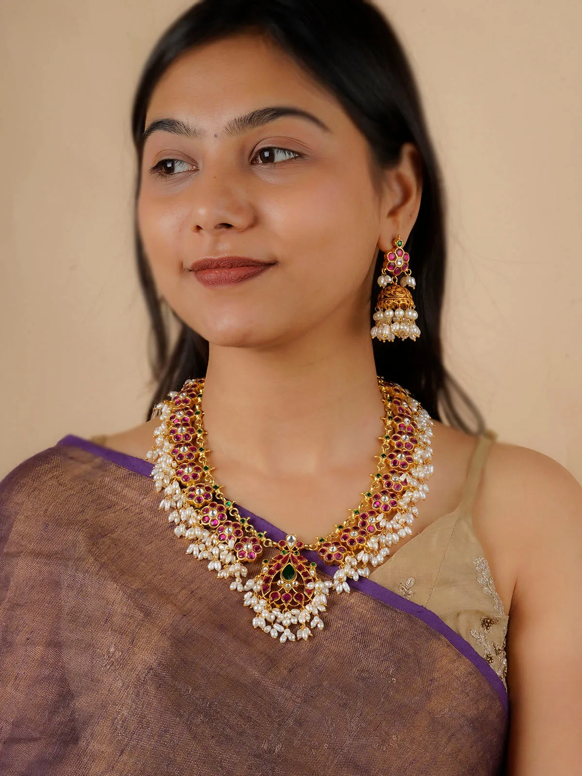 Multicolor Gold Plated Temple Necklace Set - TMPSET154M