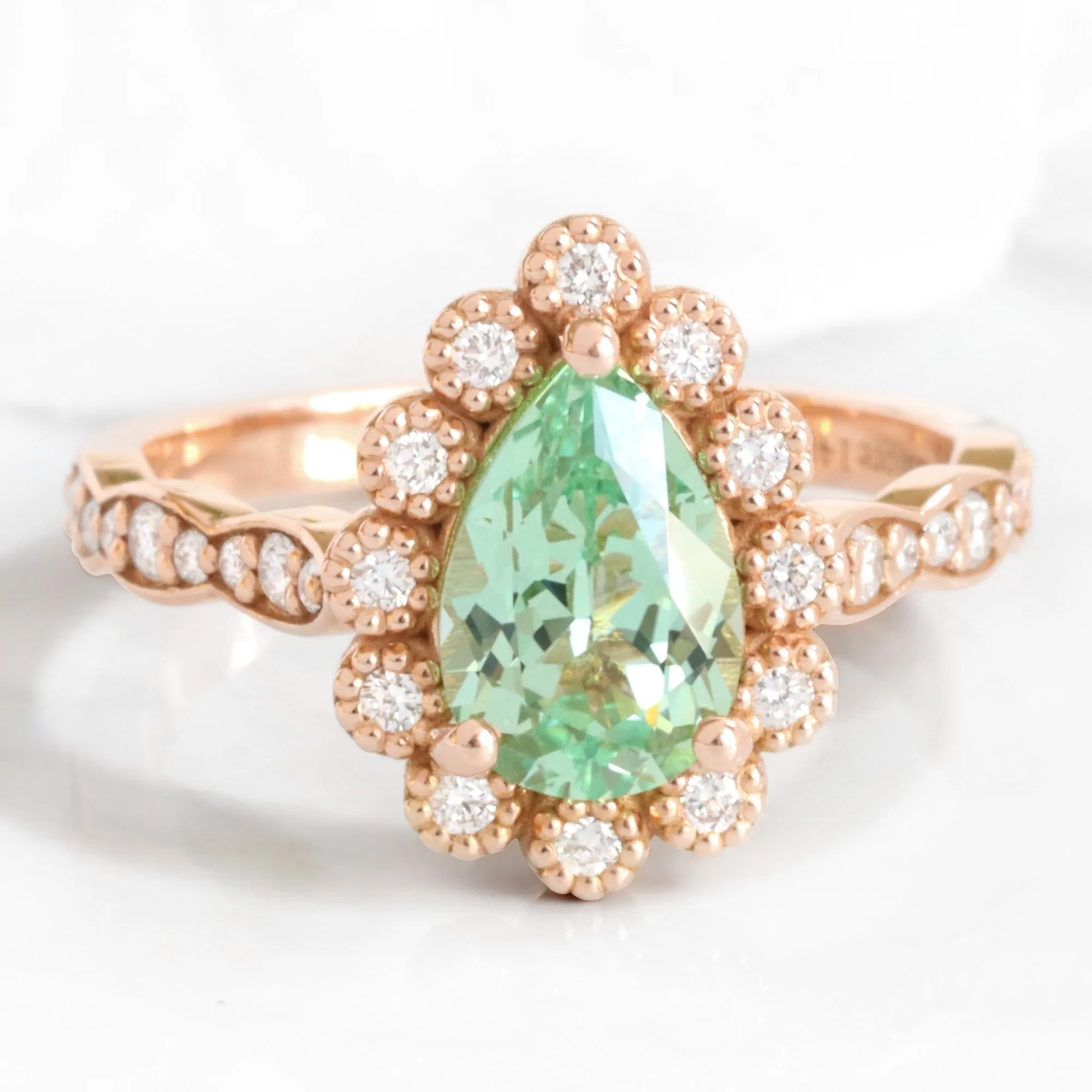 Pear Green Sapphire Ring Bridal Set w/ Milgrain Diamond Band in Vintage Luna Halo