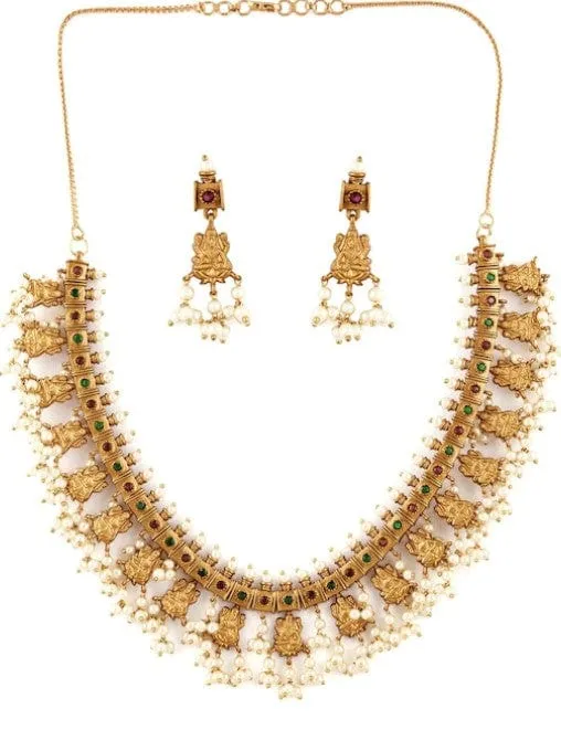 Rubans Finely Handcrafted Gold Plated Faux Ruby Studded Pearl Embellished Necklace Set